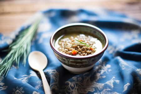 rustic bowl of lentil soup on a burlap clothの写真素材