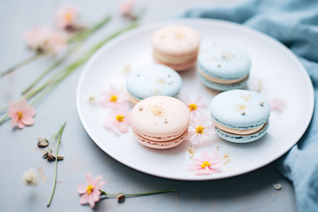 frozen macarons on a chilled plate with frost detailsの写真素材