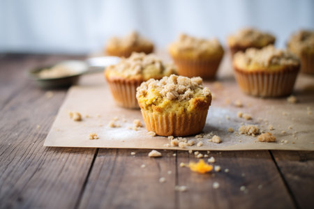 muffins with a crumbling streusel toppingの写真素材