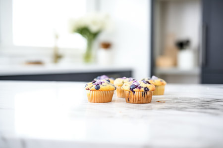 blueberry muffins on a marble countertopの写真素材