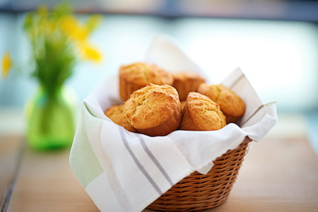 muffins in a basket with a cloth napkin