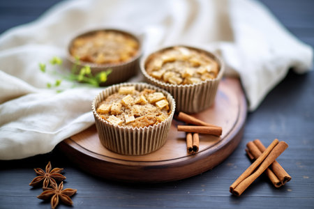 vegan apple cinnamon muffins on a burlap clothの写真素材