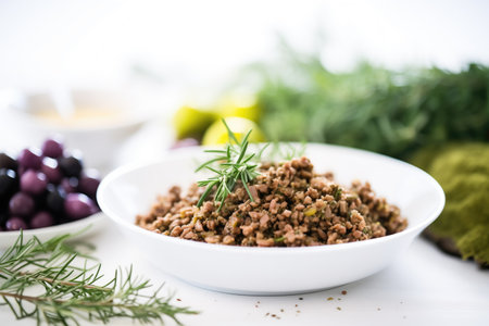 freshly made olive tapenade in white bowl beside olives