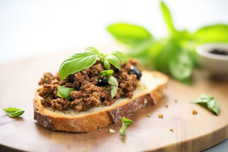 olive tapenade spread on crusty bread with basil garnish