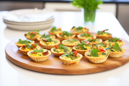 individual mini quiche lorraines on a platter with parsleyの写真素材