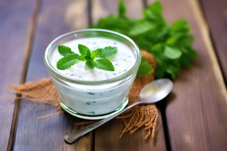 plain yogurt raita with a mint leaf on a wooden tableの写真素材