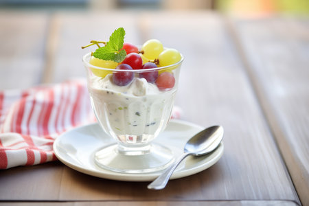 fruit raita with apple and grapes in a glass cupの写真素材