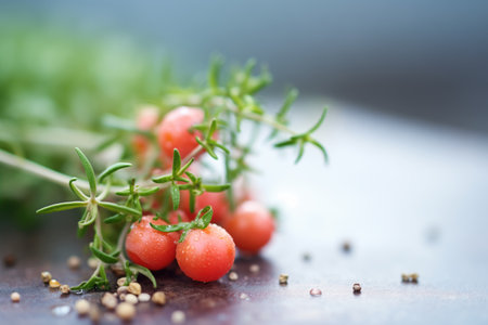 ingredient close-up: thyme sprig on tomatoes