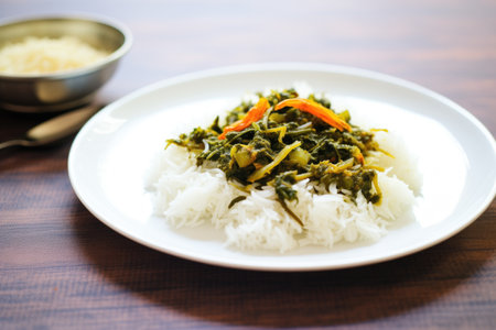 saag aloo served with basmati rice on a white plateの写真素材