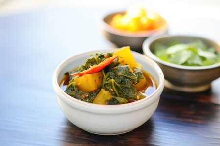 saag aloo paired with mango chutney in a small bowl