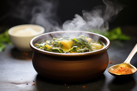 bowl of saag aloo with steam rising, spoon on side
