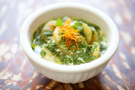 saag aloo garnished with cream swirls and coriander