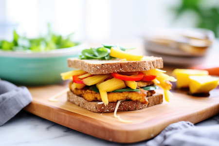 sweet and sour tempeh sandwich with pineapple and bell peppersの写真素材
