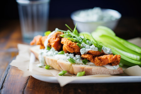 buffalo tempeh sandwich with celery sticks and blue cheese dressingの写真素材