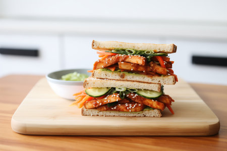 korean bbq tempeh sandwich with kimchi and sesame seedsの写真素材
