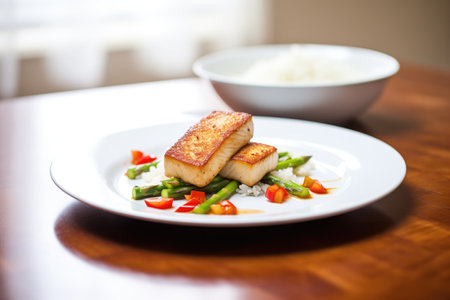 pan-seared tofu with asparagus and red chiliの写真素材