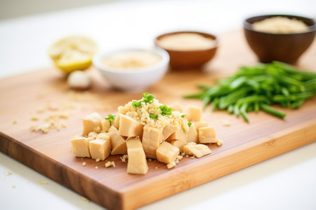 fresh ginger and garlic minced with tofu on wooden boardの写真素材