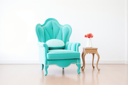 aqua velvet armchair in a white roomの素材