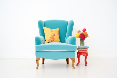 aqua velvet armchair in a white roomの素材