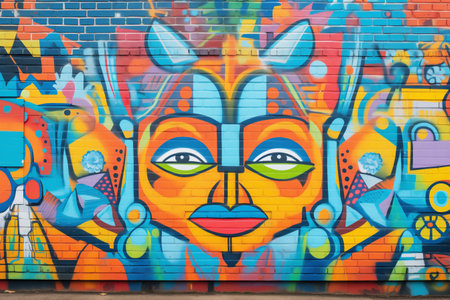 detail of vibrant colored graffiti on brick wallの素材
