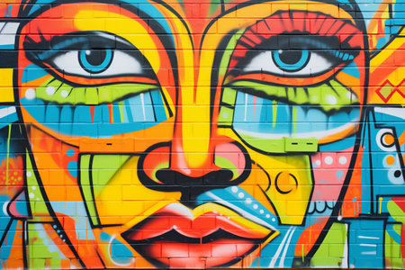 detail of vibrant colored graffiti on brick wallの素材