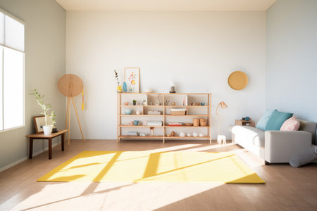 sunlight casting long shadows on minimalist room interiorの素材
