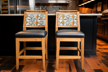 intricate, wooden counter chairs on a black floor tile patternの素材