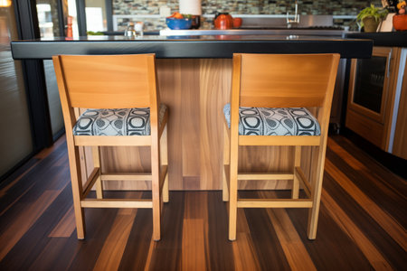 intricate, wooden counter chairs on a black floor tile patternの素材