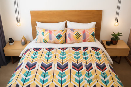 a geometric patterned duvet cover on a king-size bedの素材