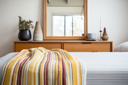 a folded bedspread with woven texture near a mirrorの素材