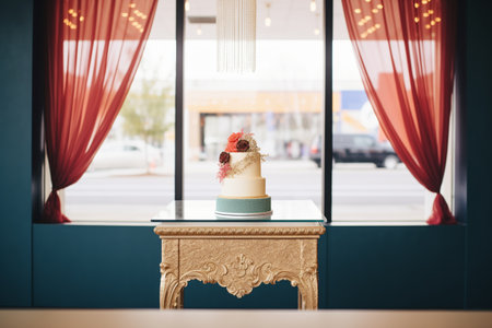 velvet rope barrier in front of luxury cake window setupの素材