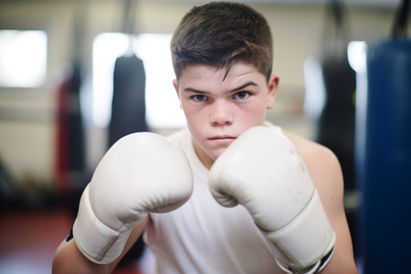 youth in gloves practicing punching posture, eyes determinedの素材