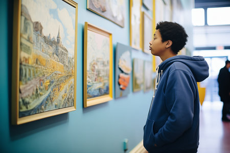 young adult admiring art on walls of train galleryの素材