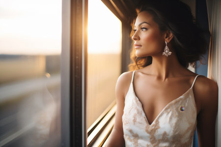 woman in evening gown looking out of train windowの素材