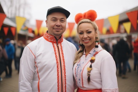 couple wearing matching outfits at a traditional costume festivalの素材