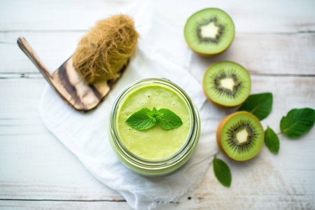 brightly lit kiwi detox smoothie with kiwi slices on the rimの素材