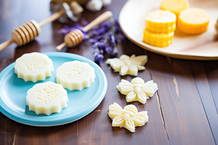 diy beeswax lotion bars on a wooden tableの素材
