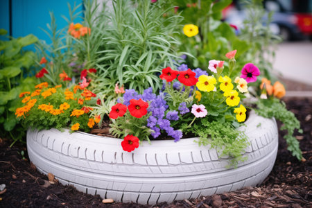 colorful flower bed in white painted tire rimsの素材