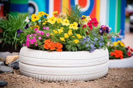 colorful flower bed in white painted tire rimsの素材