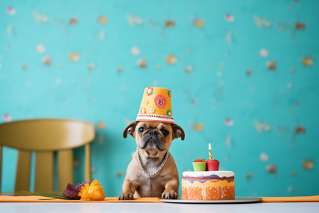 dog with a birthday hat sitting next to a cakeの素材