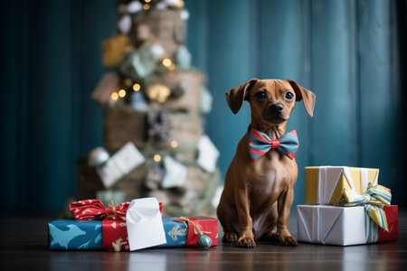 pup wearing a bowtie beside wrapped giftsの素材