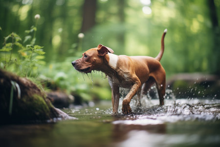 dog shaking off water after a dip in a forest brookの素材