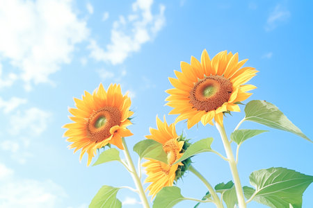 sunflowers reaching for the sun against a clear skyの素材