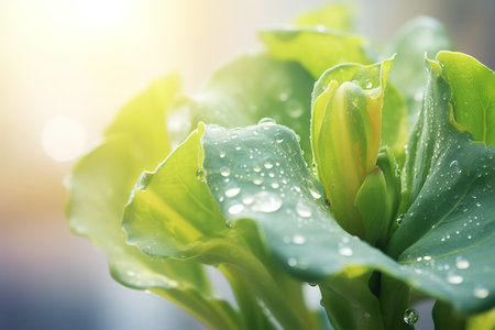 a bunch of bok choy with dew drops in early morning lightの素材