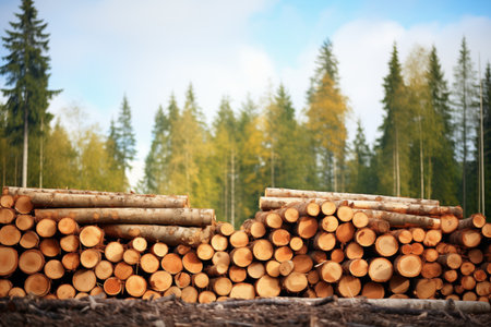 cut trees stacked next to a healthy forestの素材