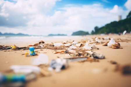 plastic waste littering a beautiful beachの素材
