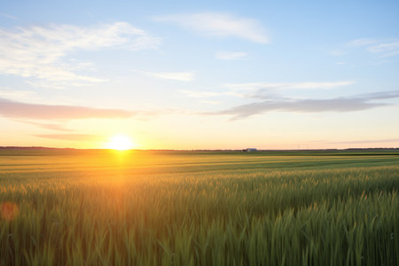 summer solstice sun setting over an expanse of wheat fieldsの素材