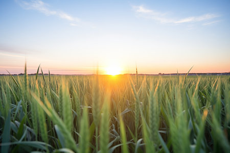 summer solstice sun setting over an expanse of wheat fieldsの素材