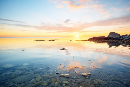reflection of spring equinox sunrise over a calm oceanの素材
