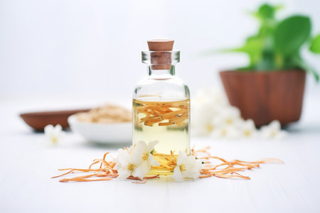 jasmine essential oil in transparent bottle with jasmine flowerの素材